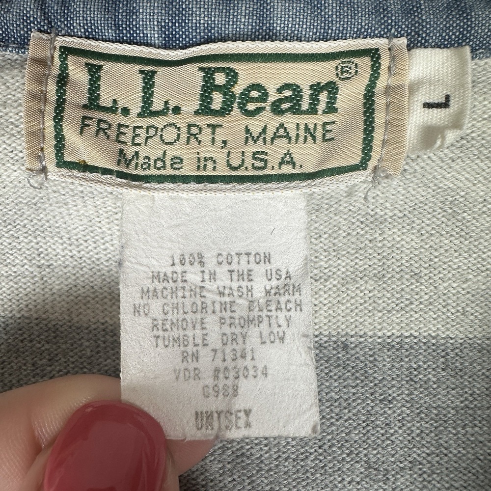 Vintage 90s LL Bean Gray Striped Cotton Rugby Henley Hoodie Sz Large Made In USA - Picture 4 of 4